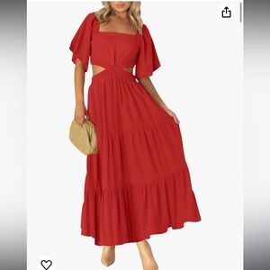 LEANI Red Cutout Maxi Dress Square Neck Short Sleeve Small Casual Party Dresses